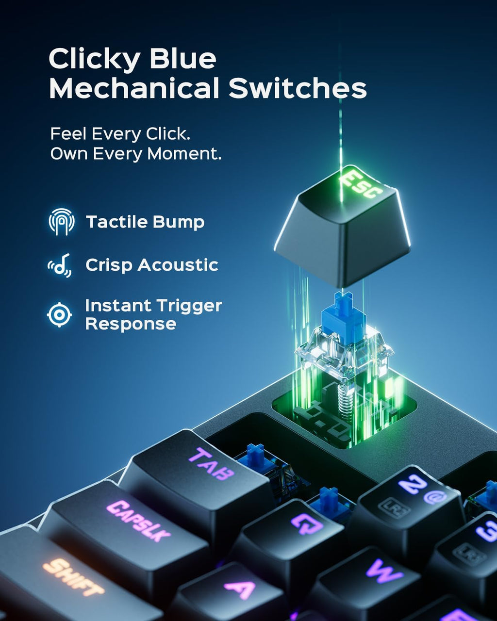Mechanical Gaming Keyboard with Blue Switch, 104-Key Full Size RGB Backlit Wired Keyboard（11 Modes, Anti-Ghosting, Double-Shot ABS Keycaps, Lighted Computer Key-Board for PC Windows-Black