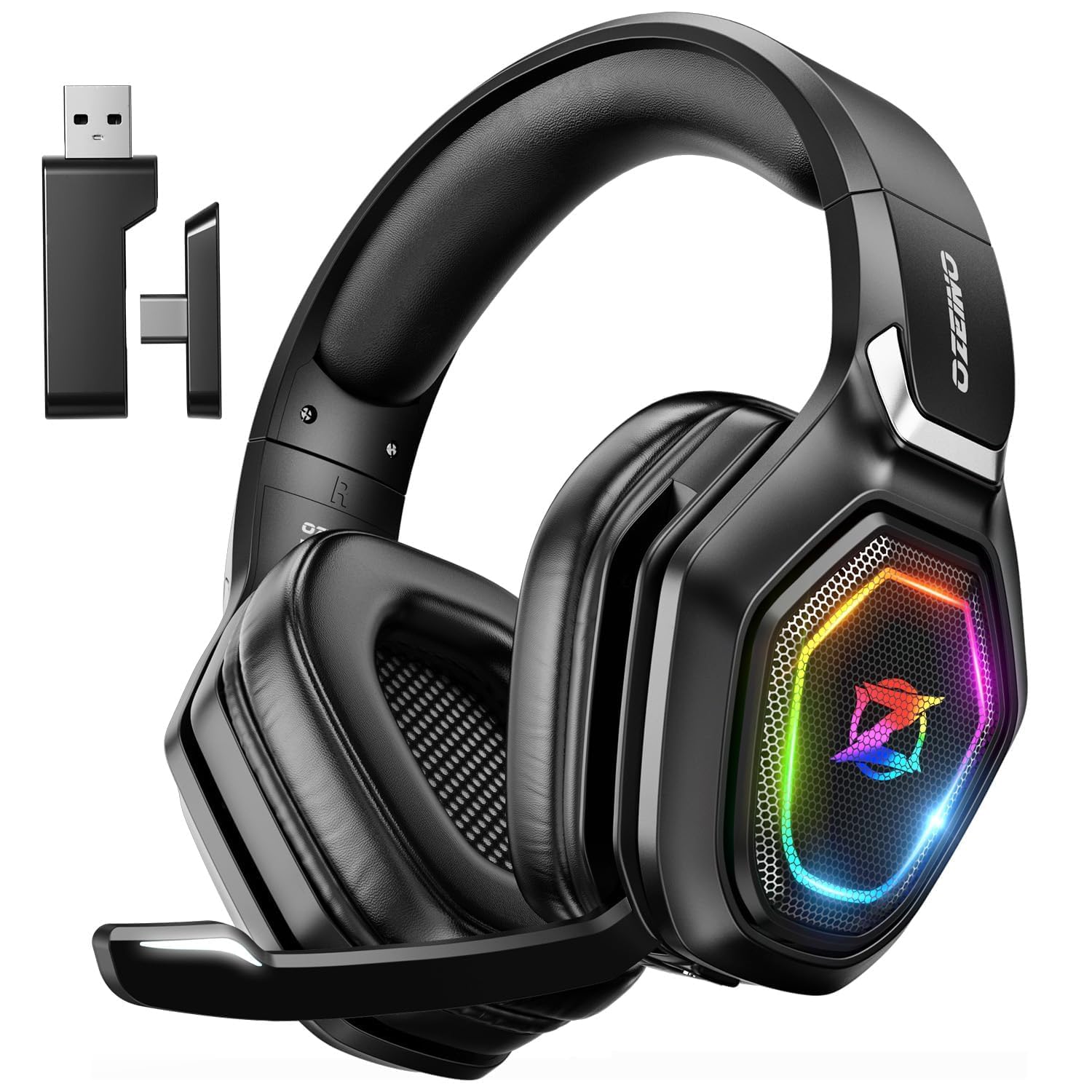 Ozeino 2.4GHz Gaming Headset Wireless with Flip Mic for Ps5, Ps4, PC, Gaming Headphones with USB-A & USB-C Transmitter, 40Hr Battery Gamer Headset for Laptop, Mobile, Mac