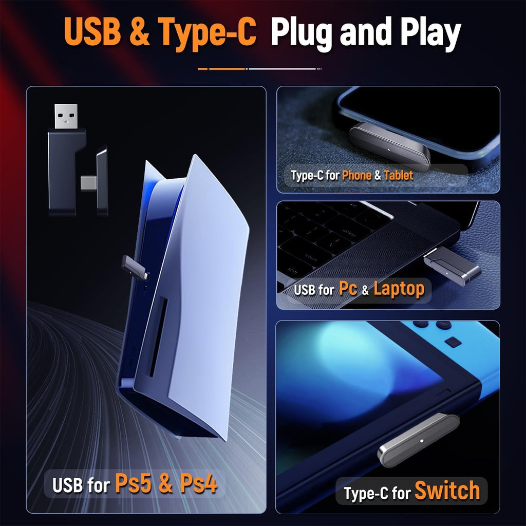 Ozeino 2.4GHz Gaming Headset Wireless with Flip Mic for Ps5, Ps4, PC, Gaming Headphones with USB-A & USB-C Transmitter, 40Hr Battery Gamer Headset for Laptop, Mobile, Mac