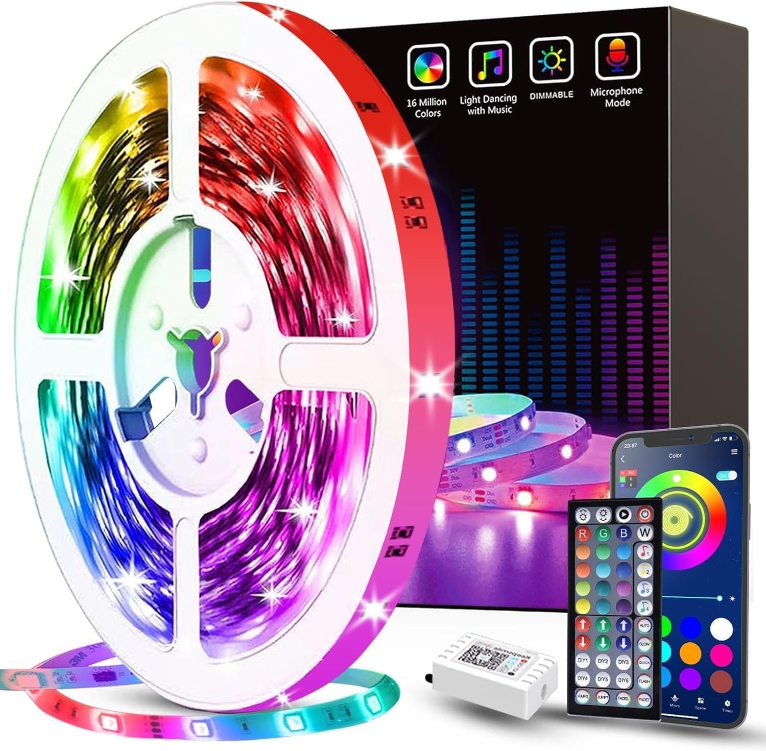 Tenmiro Led Lights for Bedroom 100ft (2 Rolls of 50ft) Music Sync Color Changing Strip Lights with Remote and App Control RGB Strip, for Room Home Party Decoration