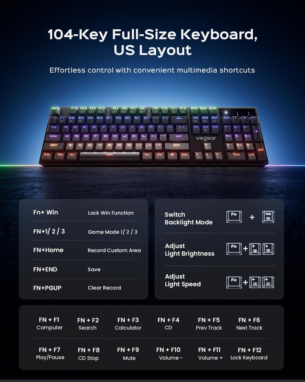 Mechanical Gaming Keyboard with Blue Switch, 104-Key Full Size RGB Backlit Wired Keyboard（11 Modes, Anti-Ghosting, Double-Shot ABS Keycaps, Lighted Computer Key-Board for PC Windows-Black
