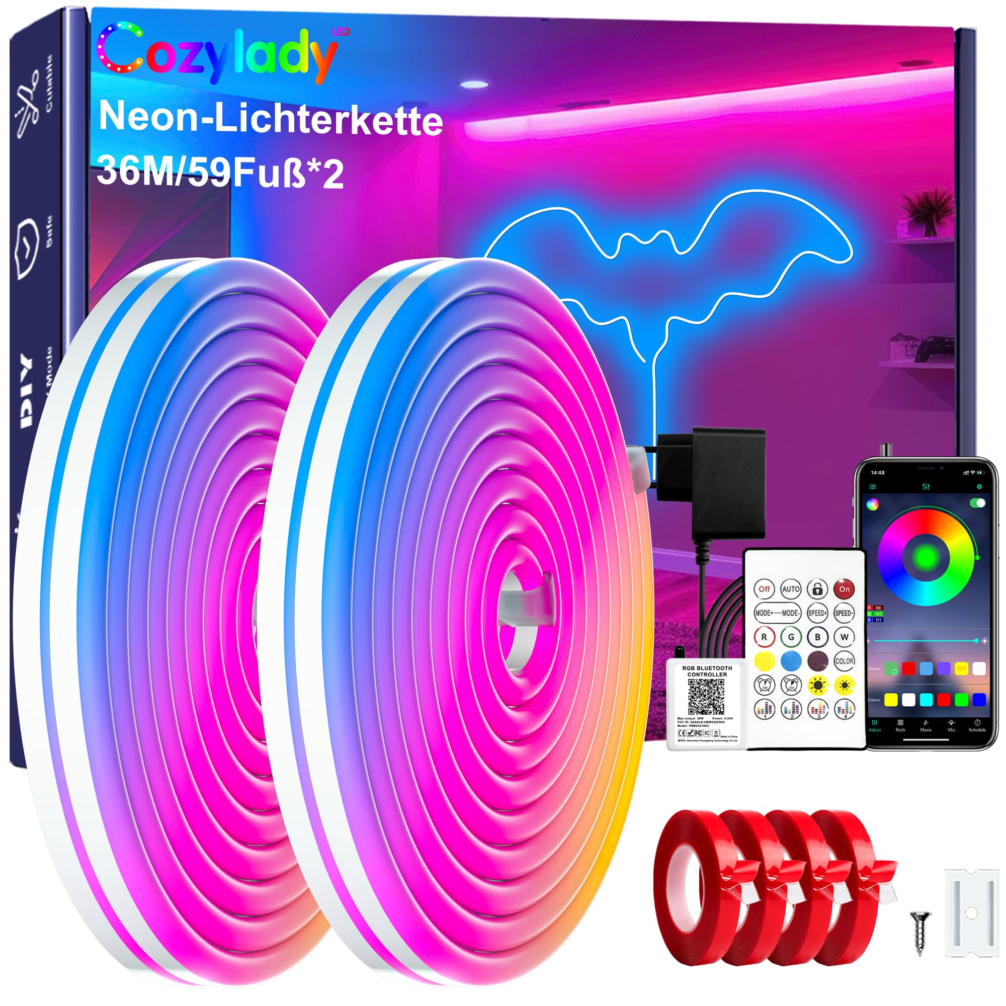 Cozylady 40Ft (20Ft *2 Rolls) RGB LED Neon Rope Lights for Bedroom, 12m LED Strip Lamp with Double Sided Adhesive Tape, App/Remote Control DIY Lights Decorate The Outdoor and Indoor of Your Home
