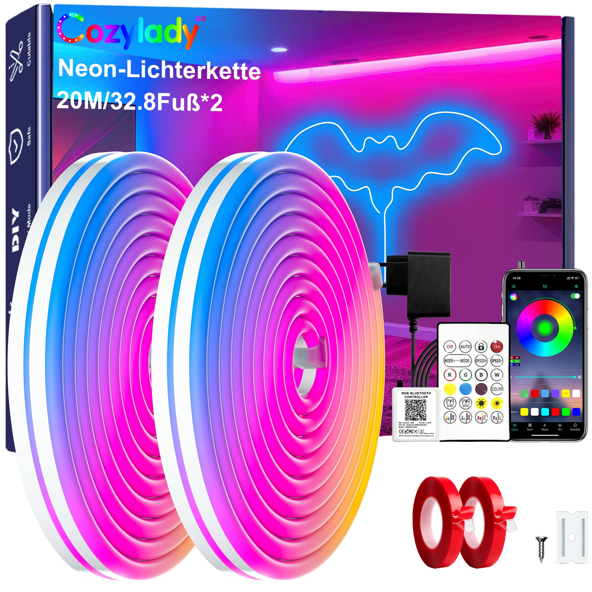 Cozylady 40Ft (20Ft *2 Rolls) RGB LED Neon Rope Lights for Bedroom, 12m LED Strip Lamp with Double Sided Adhesive Tape, App/Remote Control DIY Lights Decorate The Outdoor and Indoor of Your Home