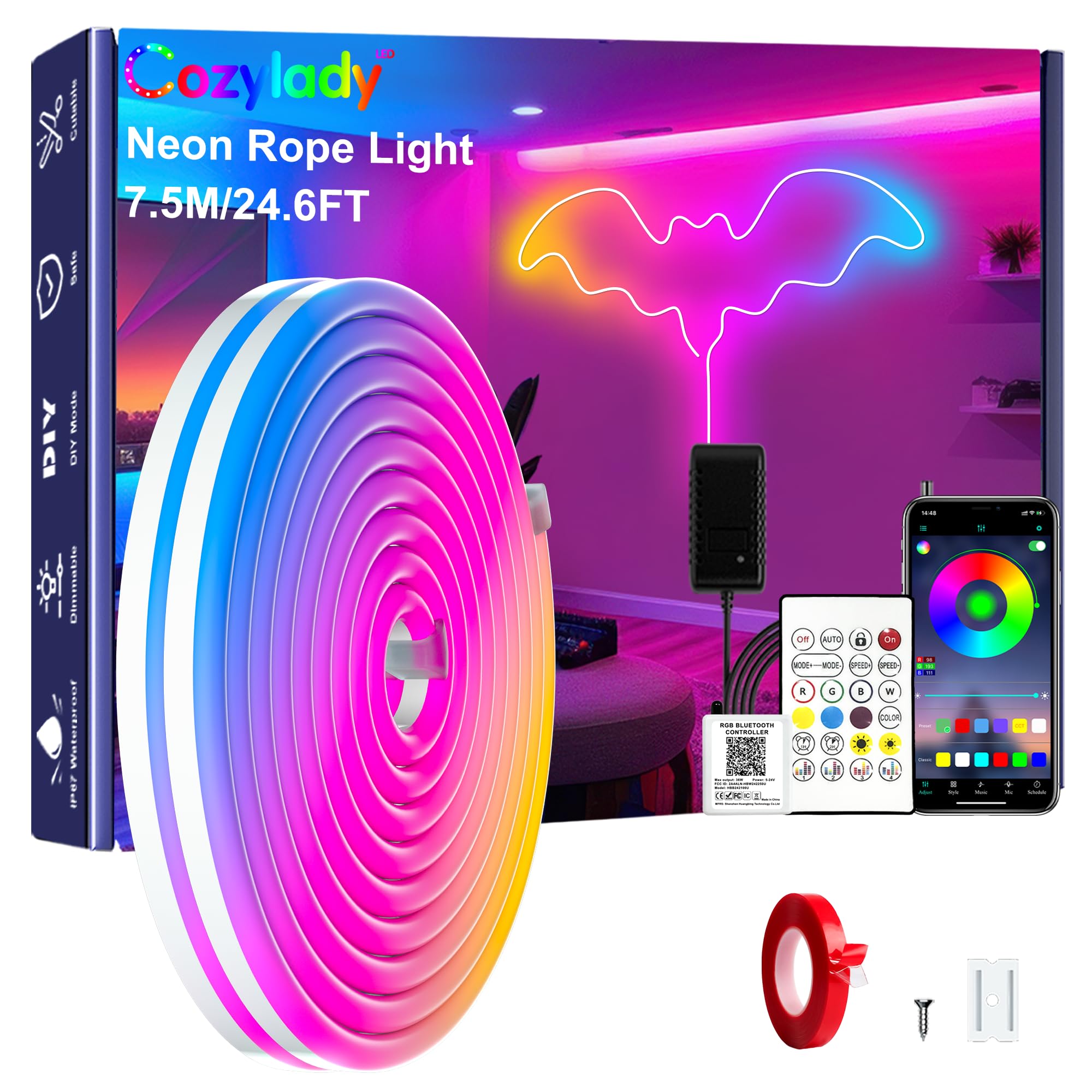Cozylady 40Ft (20Ft *2 Rolls) RGB LED Neon Rope Lights for Bedroom, 12m LED Strip Lamp with Double Sided Adhesive Tape, App/Remote Control DIY Lights Decorate The Outdoor and Indoor of Your Home