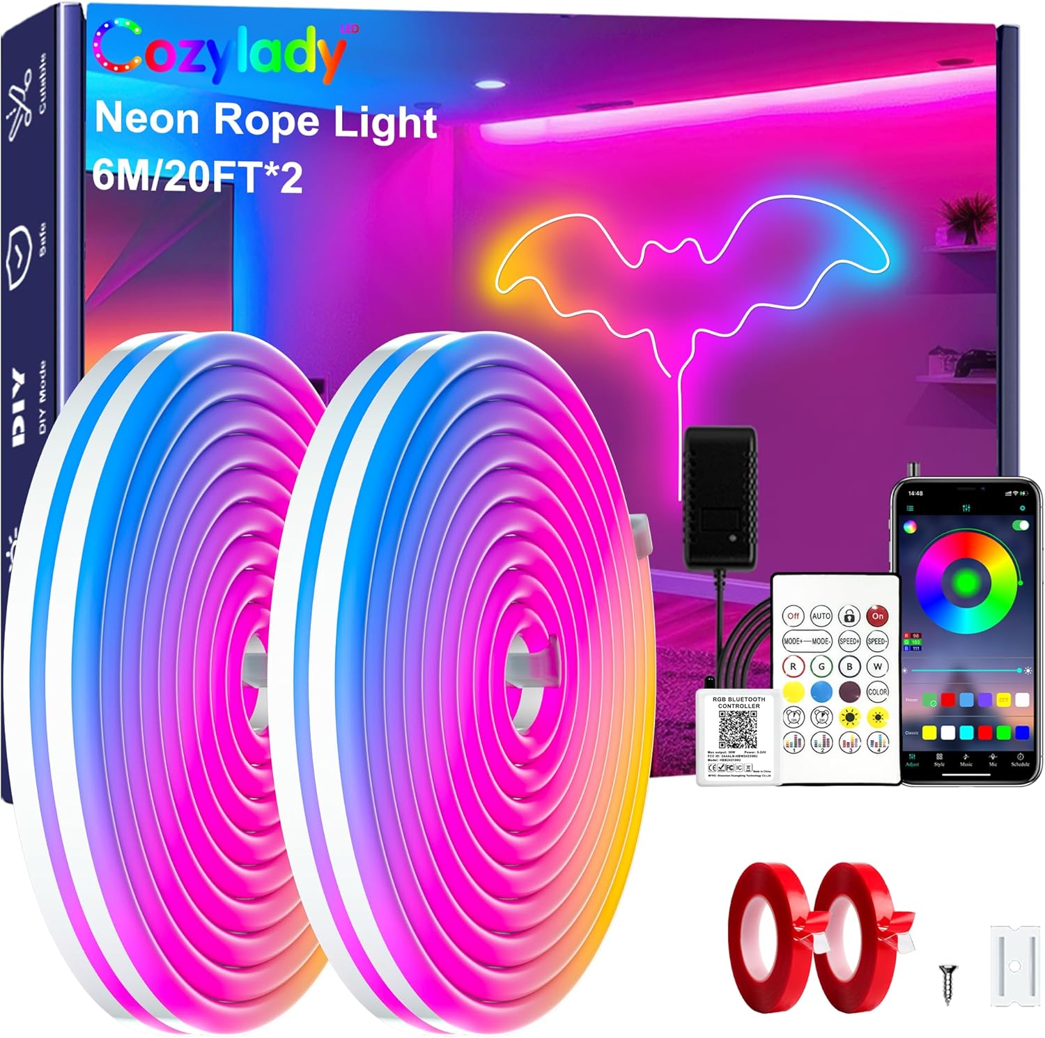 Cozylady 40Ft (20Ft *2 Rolls) RGB LED Neon Rope Lights for Bedroom, 12m LED Strip Lamp with Double Sided Adhesive Tape, App/Remote Control DIY Lights Decorate The Outdoor and Indoor of Your Home